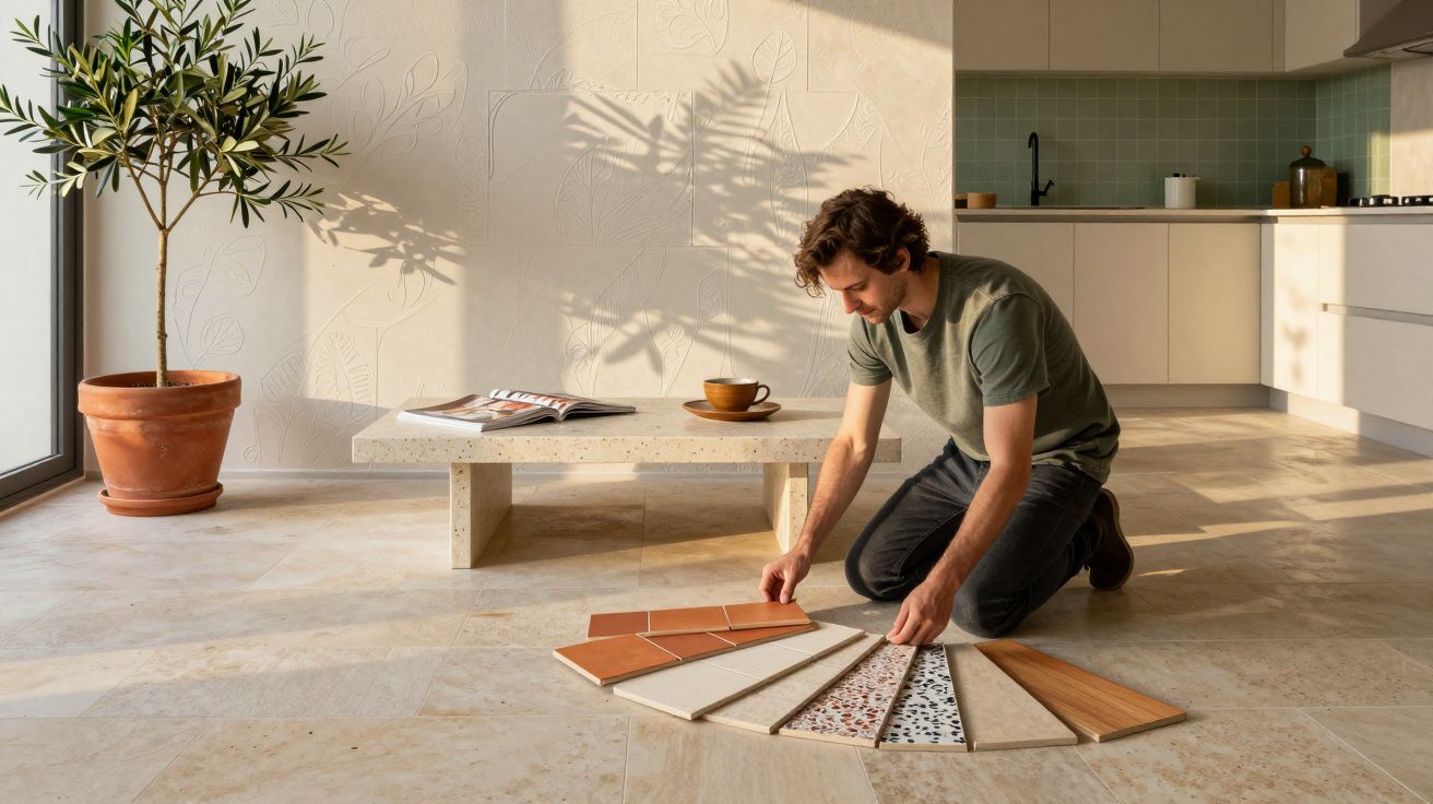 Homem ajoelhado numa cozinha moderna a escolher ladrilhos decorativos em vários estilos e cores.