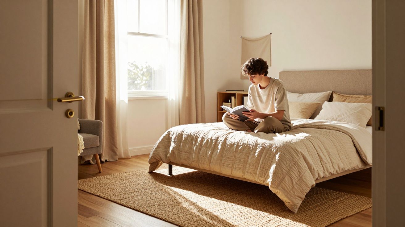 Pessoa sentada na cama de um quarto iluminado pela luz natural, a ler um livro.