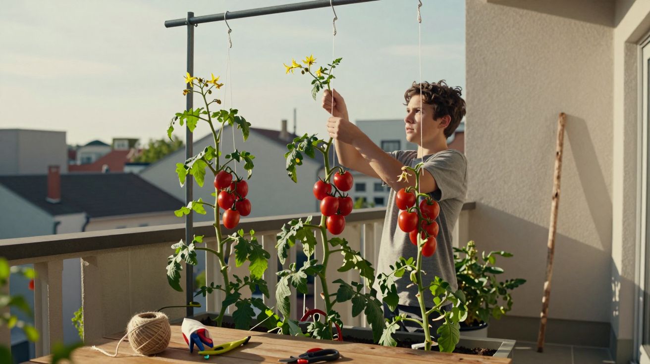 Jovem cuida de plantas de tomate num varandim ensolarado com ferramentas de jardinagem numa mesa.
