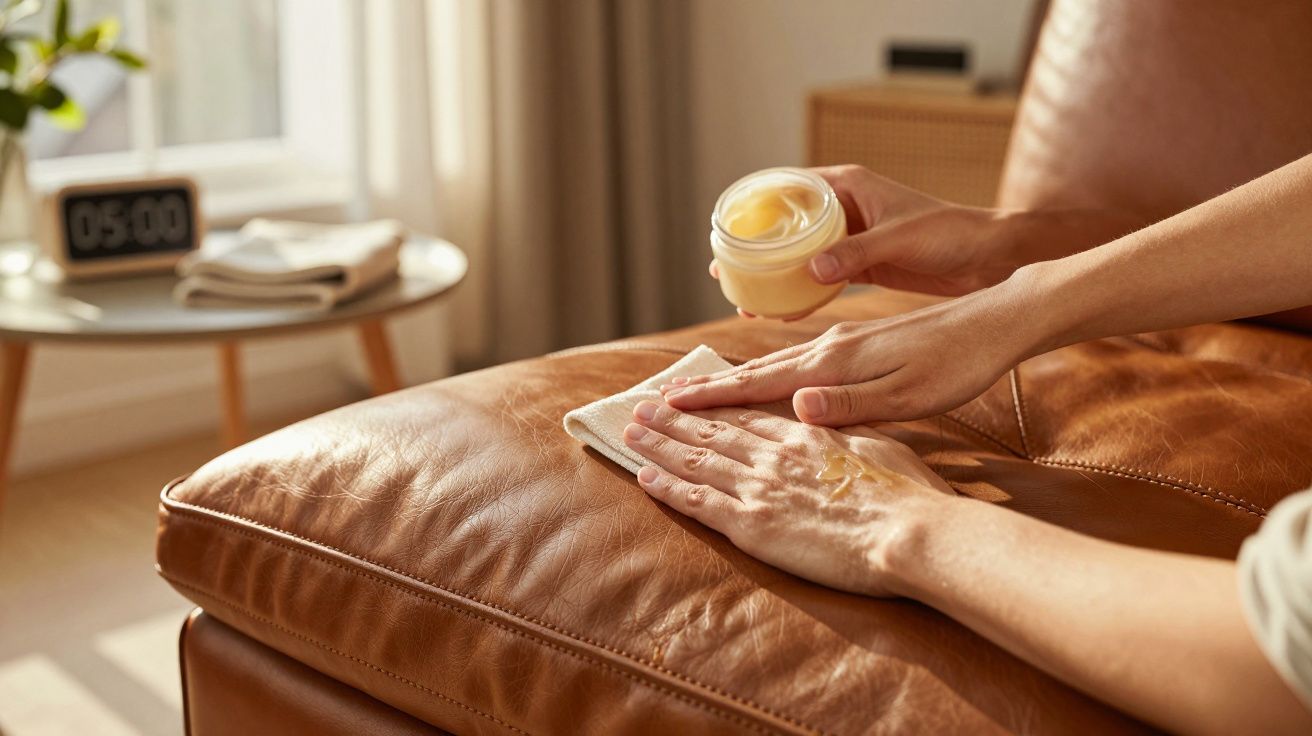 Mãos a aplicar creme hidratante numa almofada de couro castanho num ambiente acolhedor e iluminado.