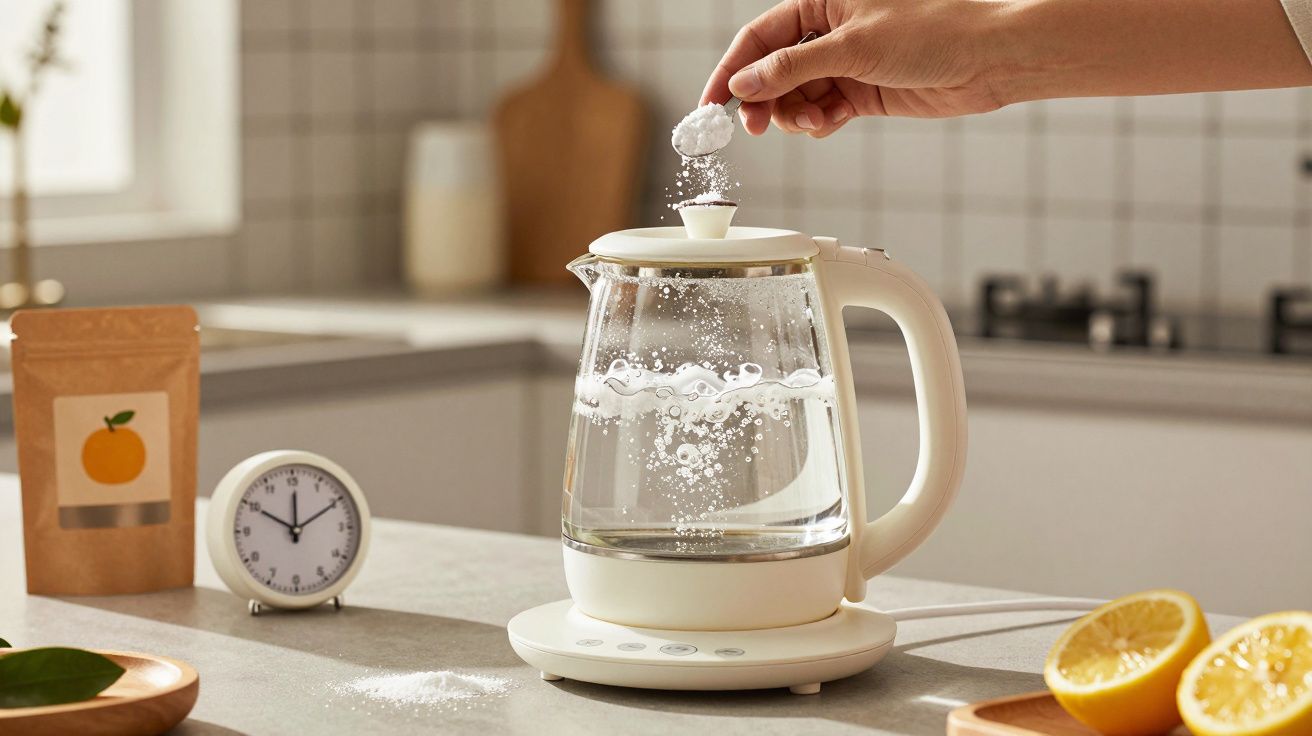 Mão a adicionar uma colher de pó a uma jarra elétrica com água a ferver numa cozinha iluminada.
