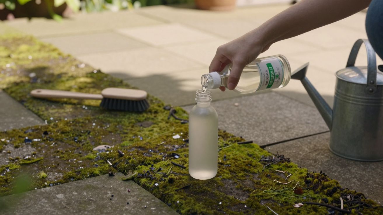 Pessoa a verter líquido para um frasco transparente sobre um chão com musgo e uma escova ao lado.