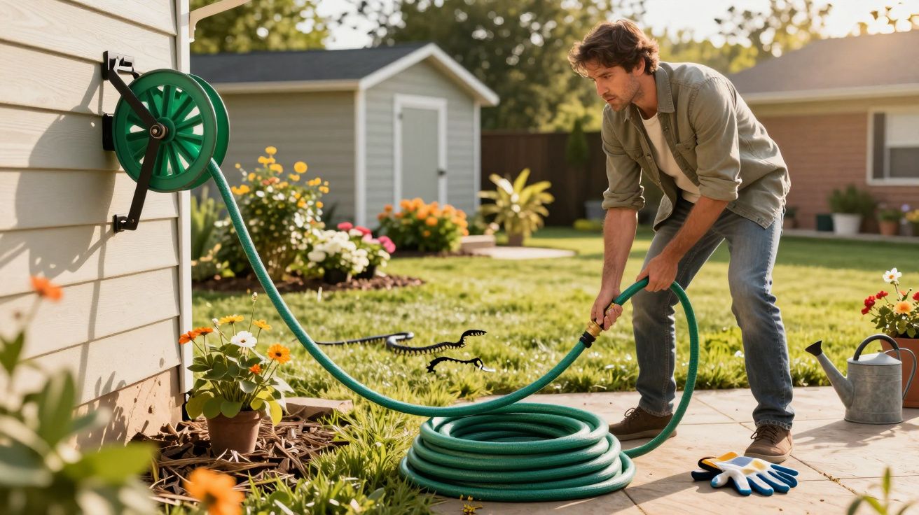 Homem enrola mangueira de jardim numa propriedade com flores e relva ao fim da tarde.
