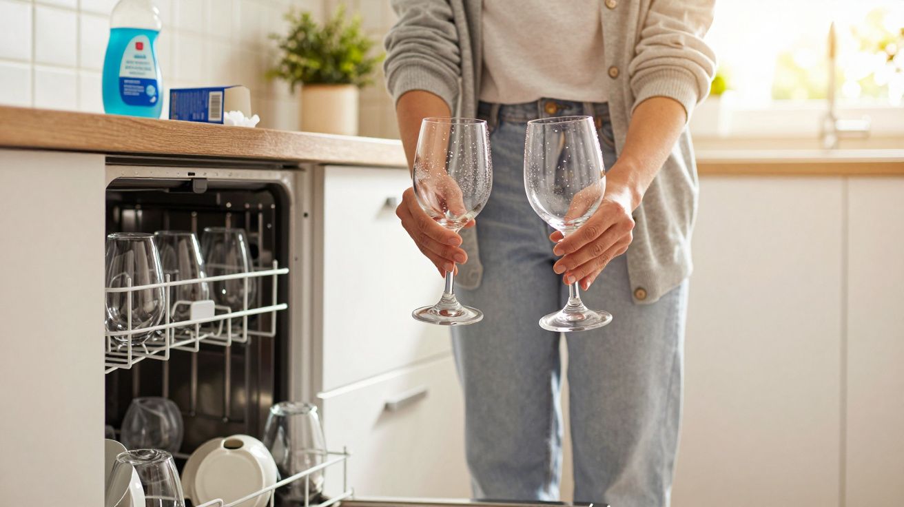 Pessoa a tirar copos de vinho molhados de uma máquina de lavar loiça numa cozinha moderna.