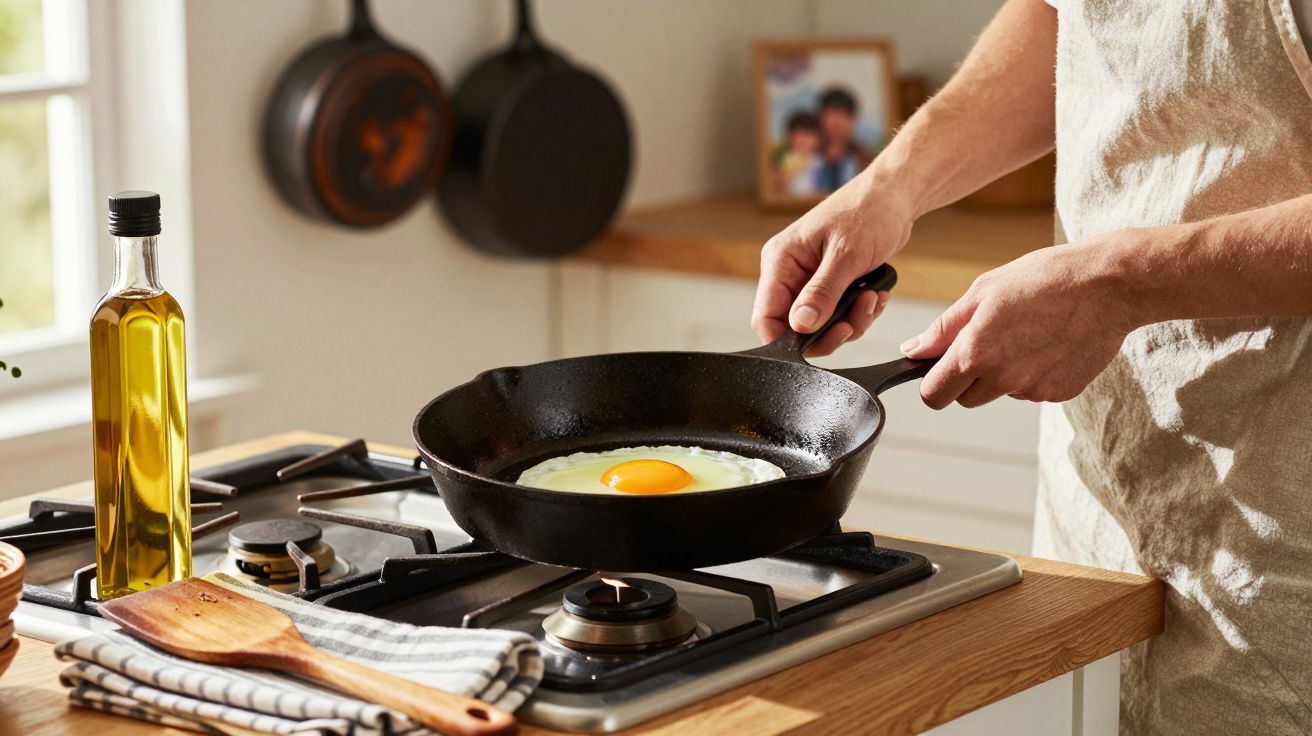 Pessoa a cozinhar um ovo estrelado numa frigideira preta numa cozinha moderna e luminosa.