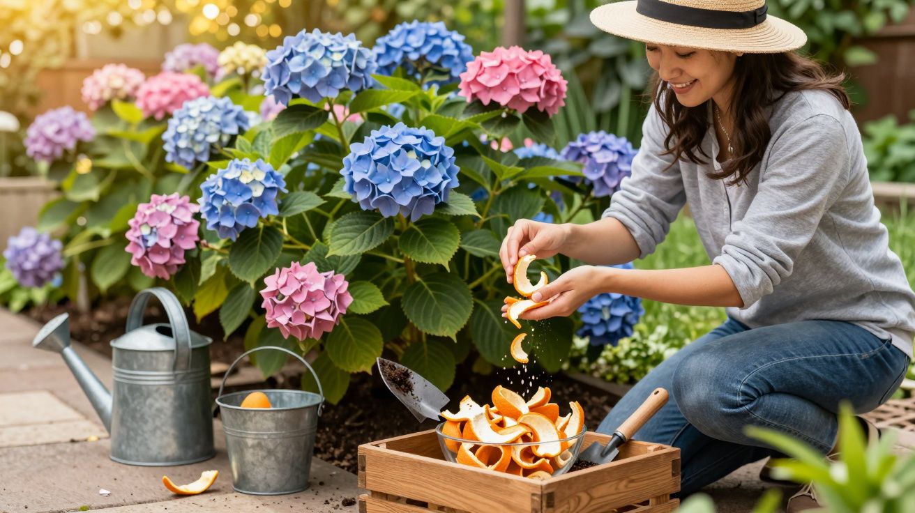 Mulher a triturar cascas de laranja num jardim junto a hortênsias cor-de-rosa e azuis.