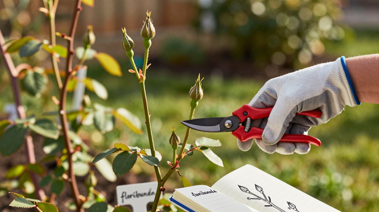 Pessoa com luva a podar rebento de rosa com tesoura de jardinagem, com caderno de anotações aberto.