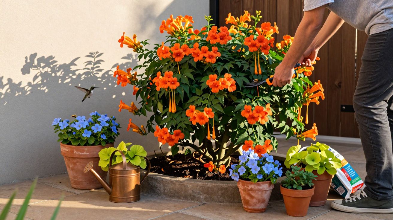 Pessoa a podar arbusto com flores laranja, vasos com flores azuis, regador e beija-flor num pátio ensolarado.