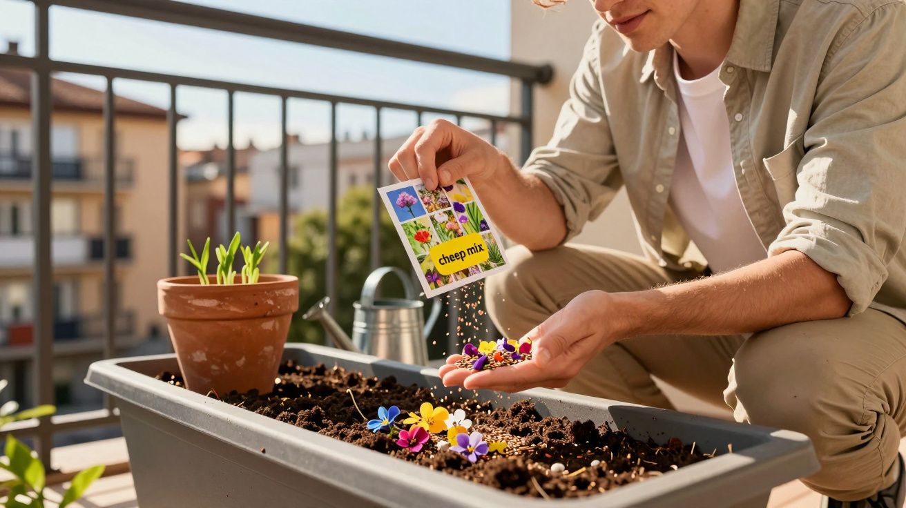 Pessoa a semear flores coloridas em vaso retangular num terraço urbano.