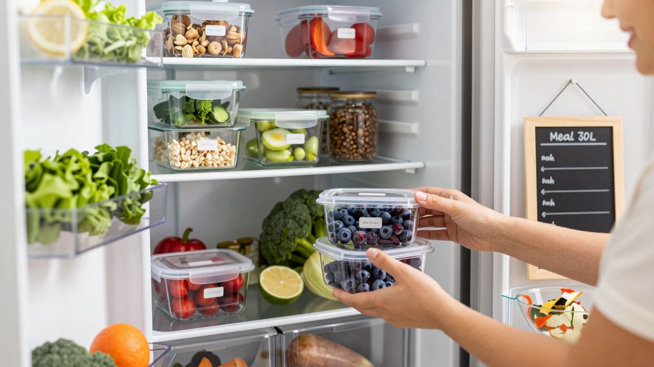 Mãos a guardar caixas transparentes com mirtilos no frigorífico organizado com frutas e legumes.