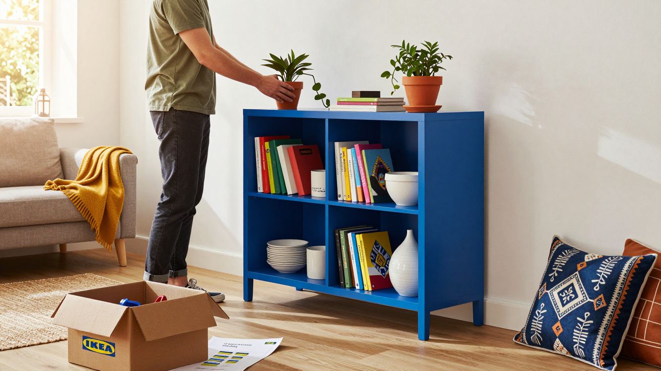 Pessoa a organizar plantas num móvel azul com livros e decoração numa sala com sofá e almofadas.