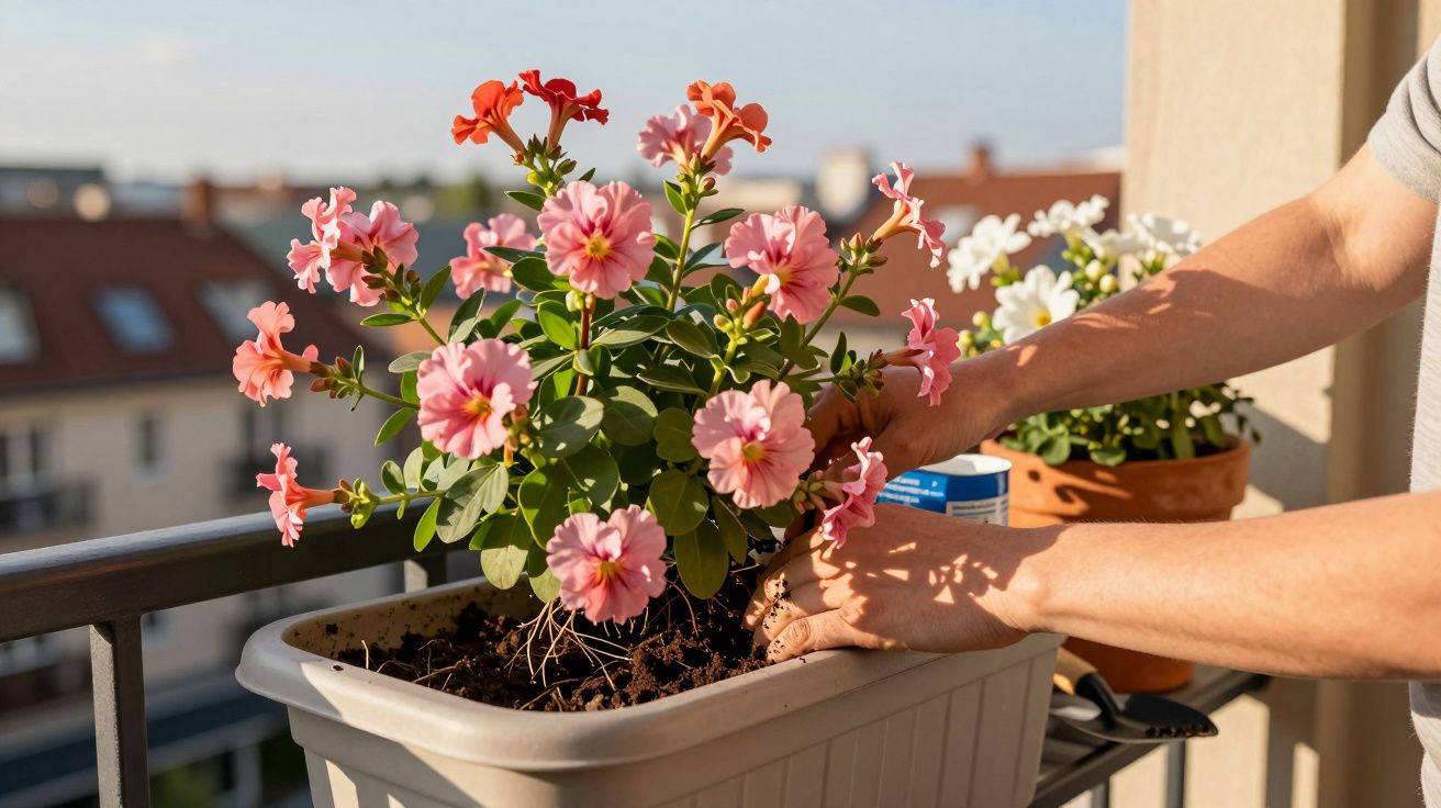 Pessoa a cuidar de flores cor-de-rosa num vaso de varanda ao sol com edifícios ao fundo.