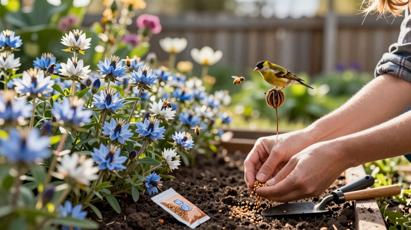 Pessoa a semear no jardim com flores azuis, abelhas a voar e um pássaro pousado na mão.