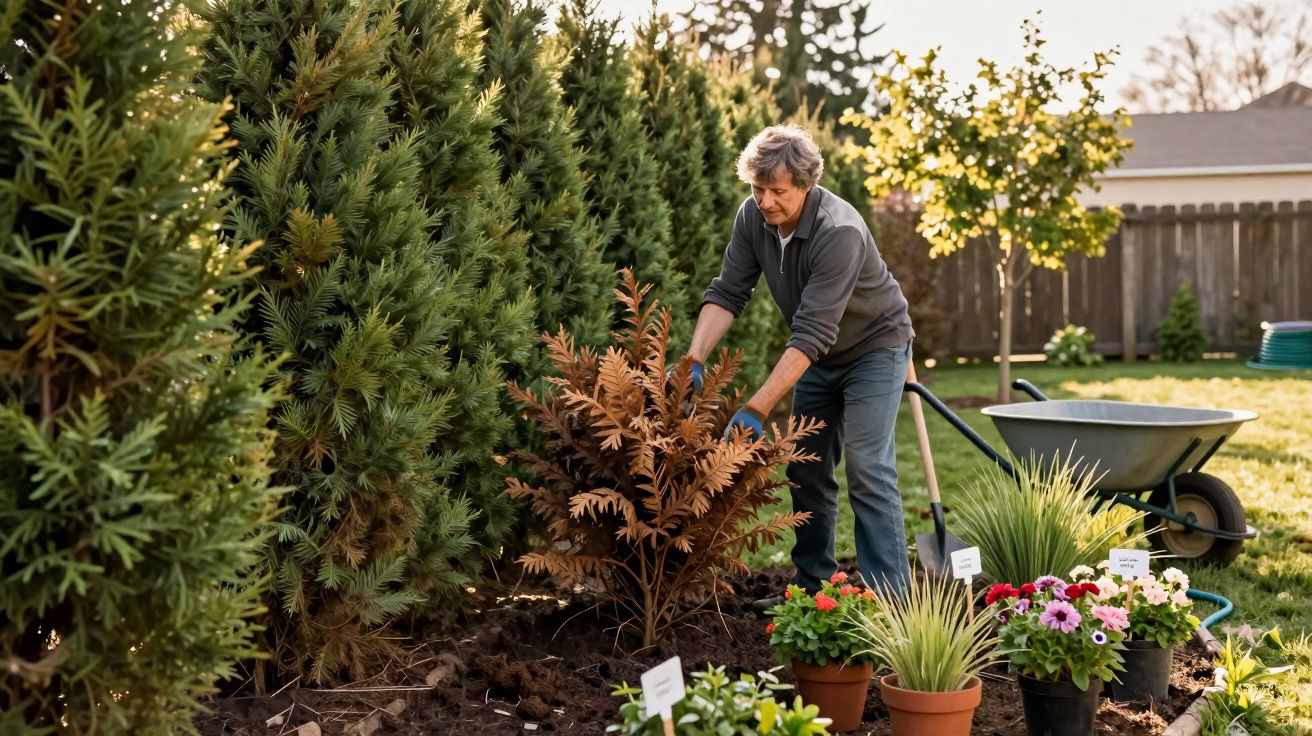 Homem a cuidar de plantas num jardim com várias flores e árvores coníferas ao fundo.