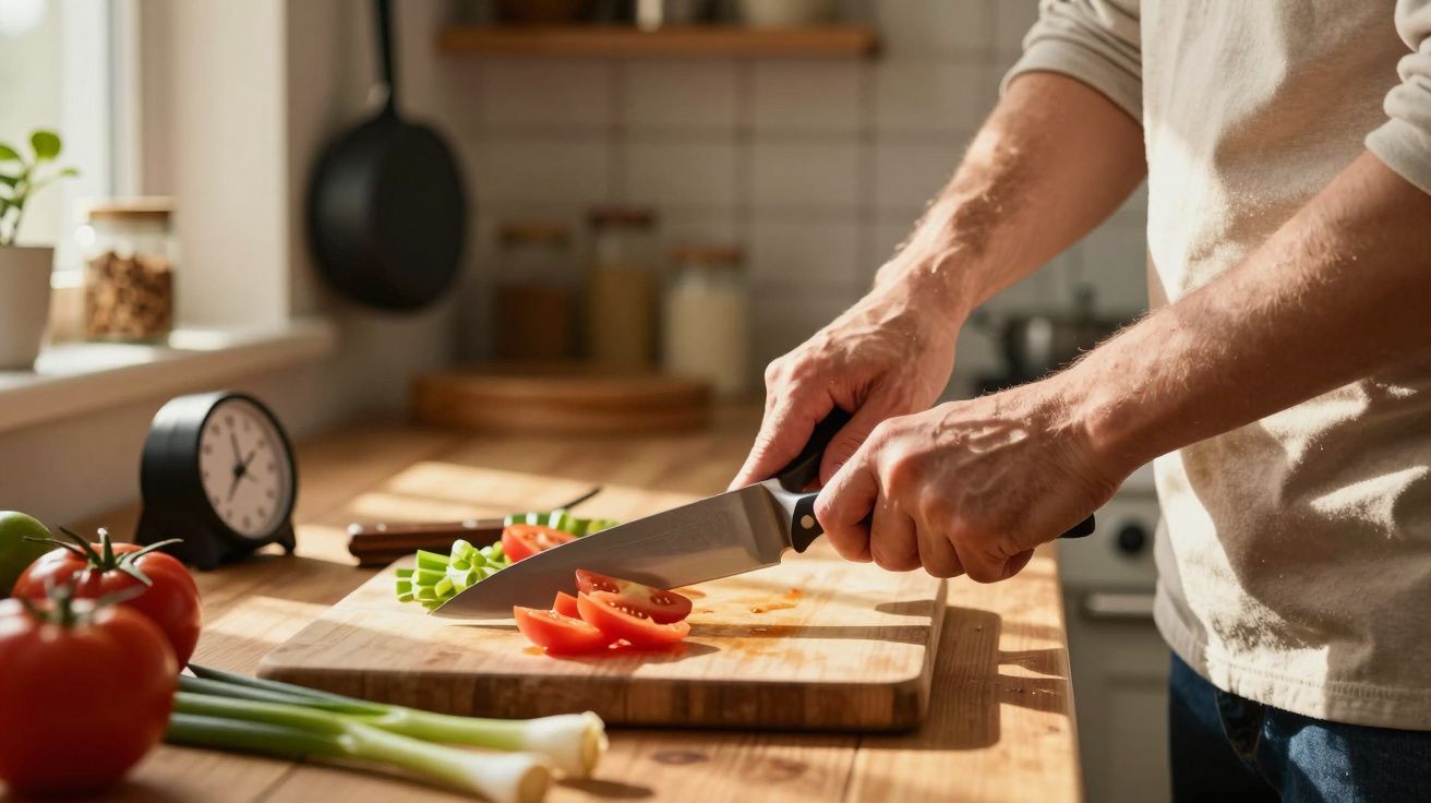 Pessoa a cortar tomate em tábua de madeira numa cozinha com legumes frescos e relógio ao fundo.