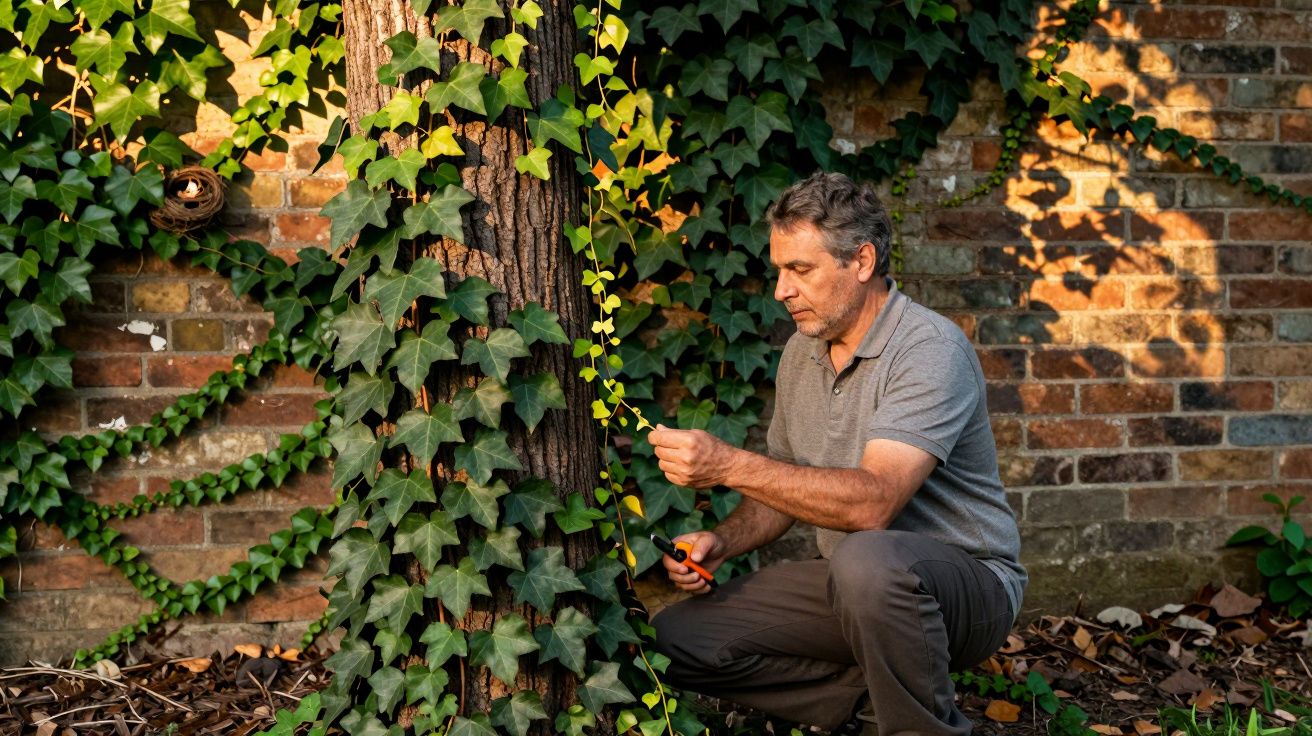 Homem podando trepadeira verde a crescer numa árvore junto a um muro de tijolos ao entardecer.
