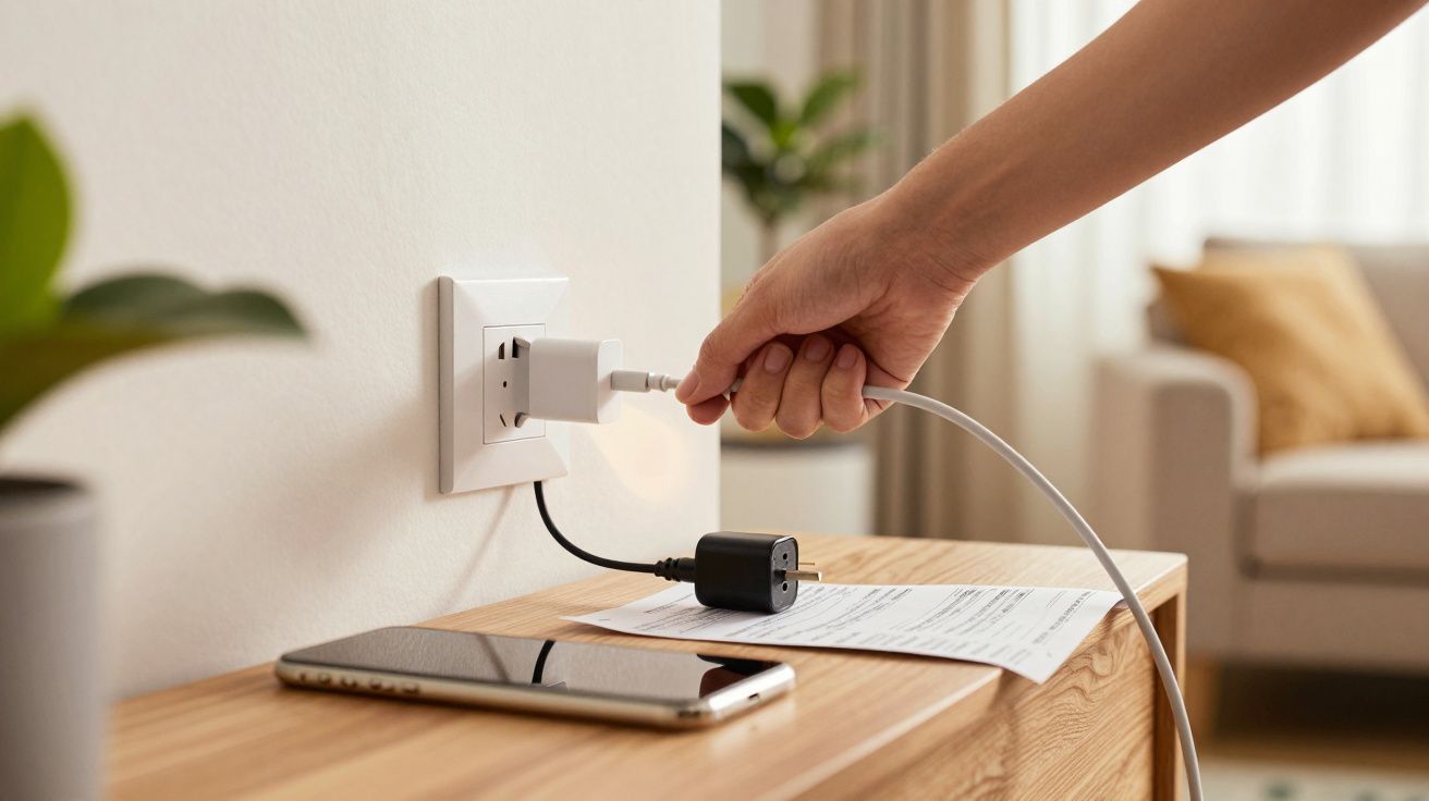 Pessoa a ligar um cabo de carregador a uma tomada perto de telemóvel sobre uma mesa de madeira.