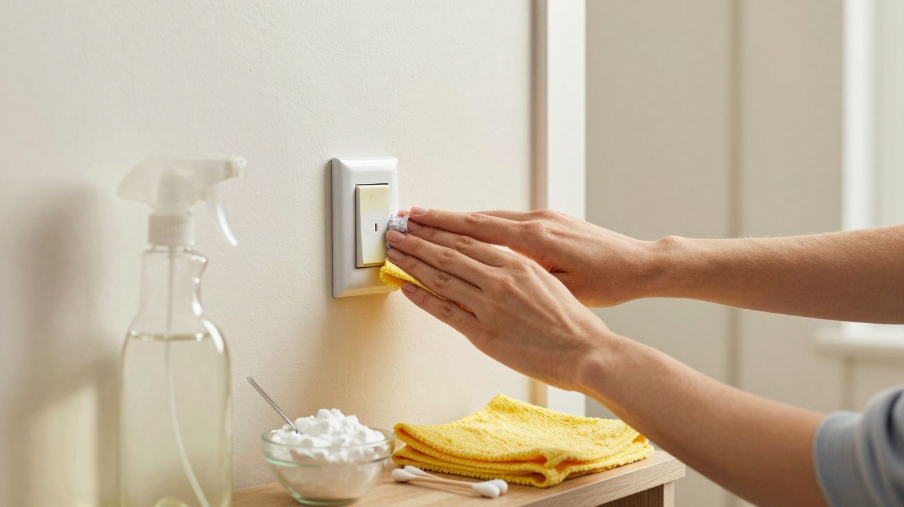 Mãos a limpar interruptor de luz com pano amarelo e bicarbonato de sódio numa divisão iluminada.