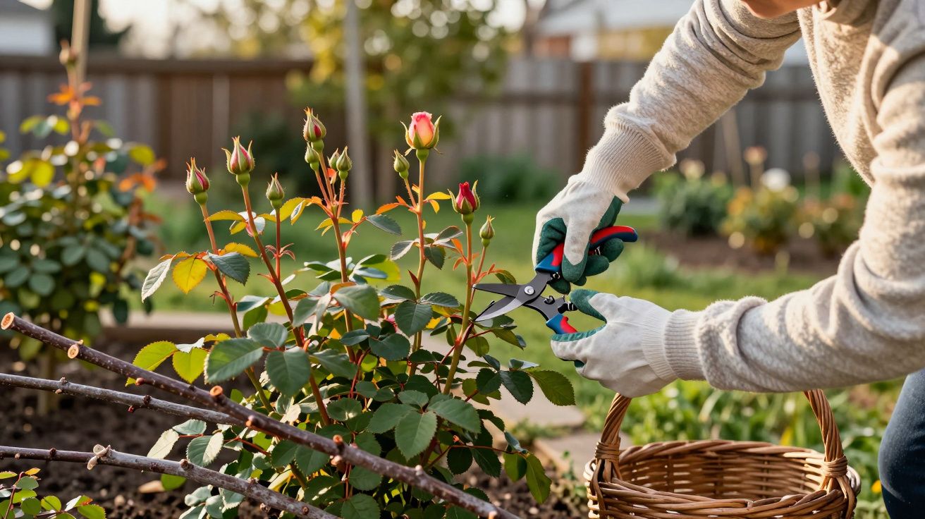 Pessoa a podar ramos de uma roseira com tesoura de jardinagem num jardim ao ar livre.