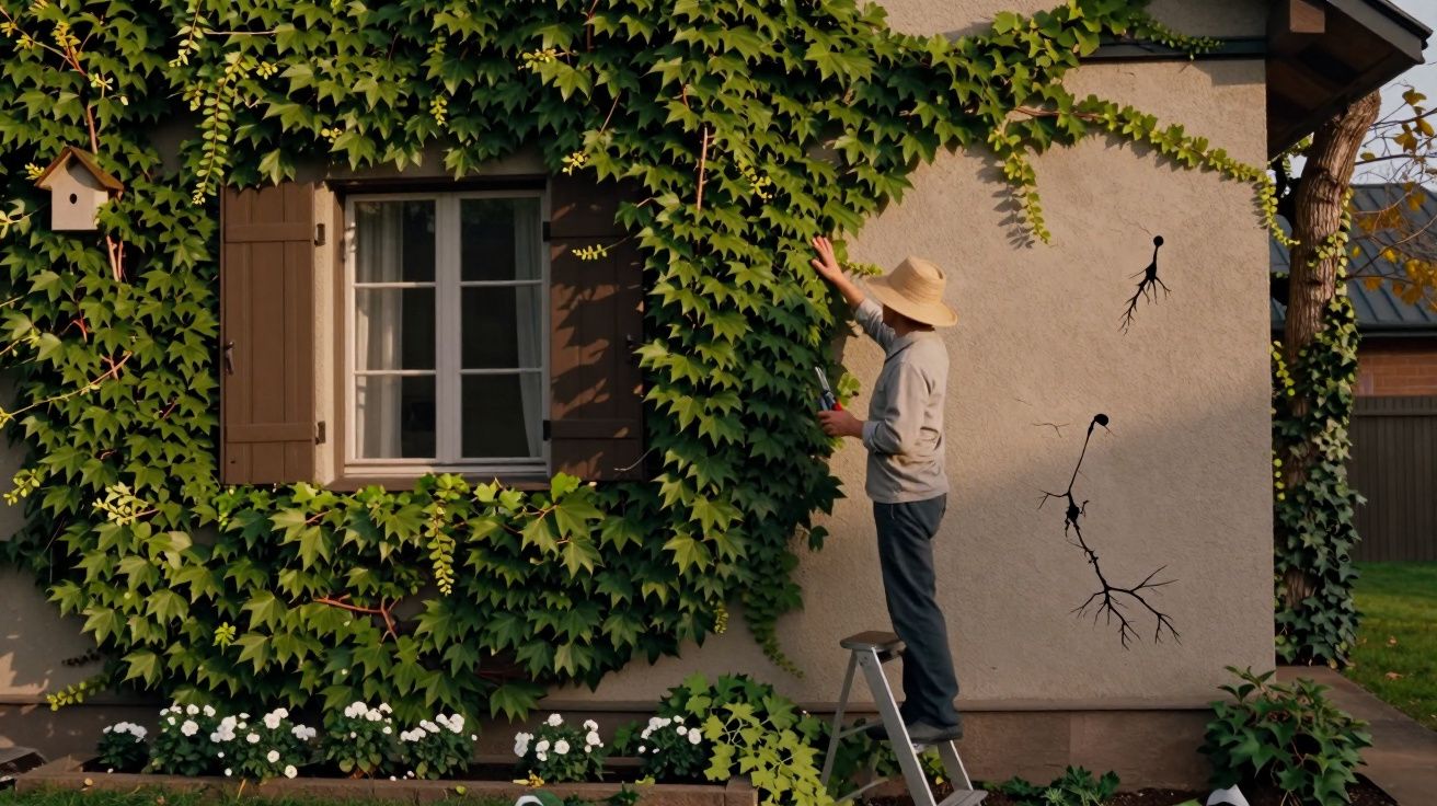 Homem com chapéu cuida da trepadeira verde junto a uma janela de madeira numa casa branca.