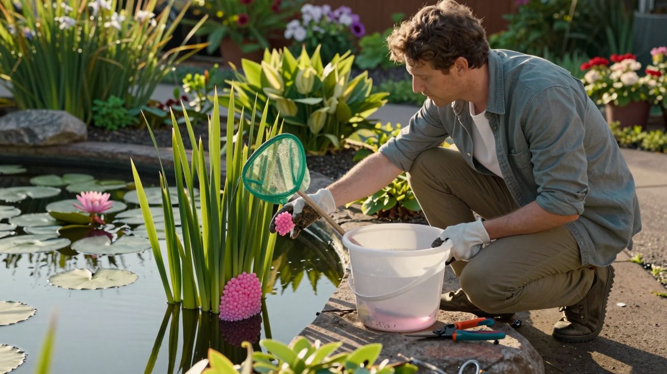 Homem a limpar lago ornamental com rede, rodeado de plantas e flores coloridas no jardim.