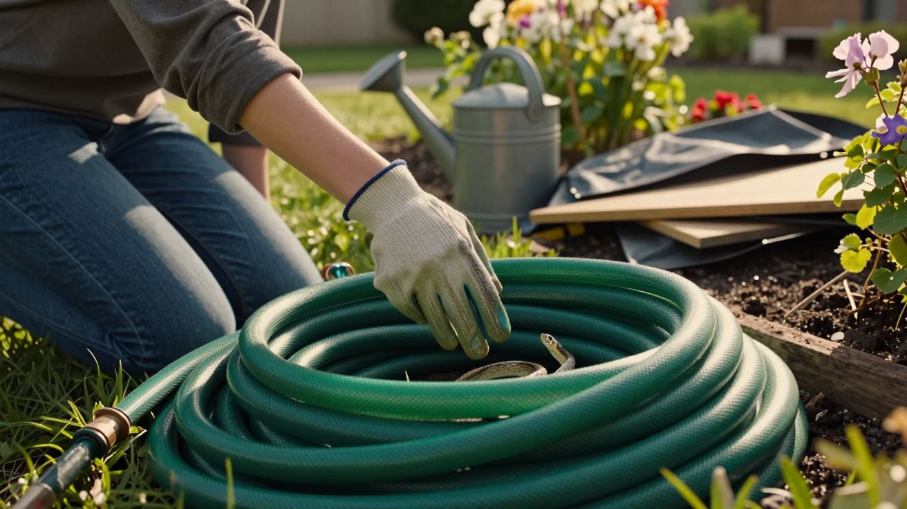 Pessoa a usar luva de jardinagem a tocar uma cobra num jardim junto a uma mangueira verde enrolada.