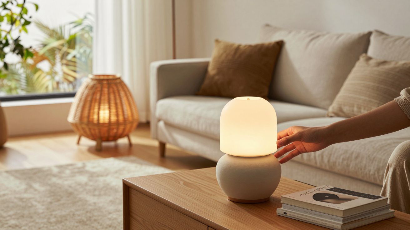 Mão a acender candeeiro branco sobre mesa de madeira numa sala acolhedora com sofá e almofadas castanhas.