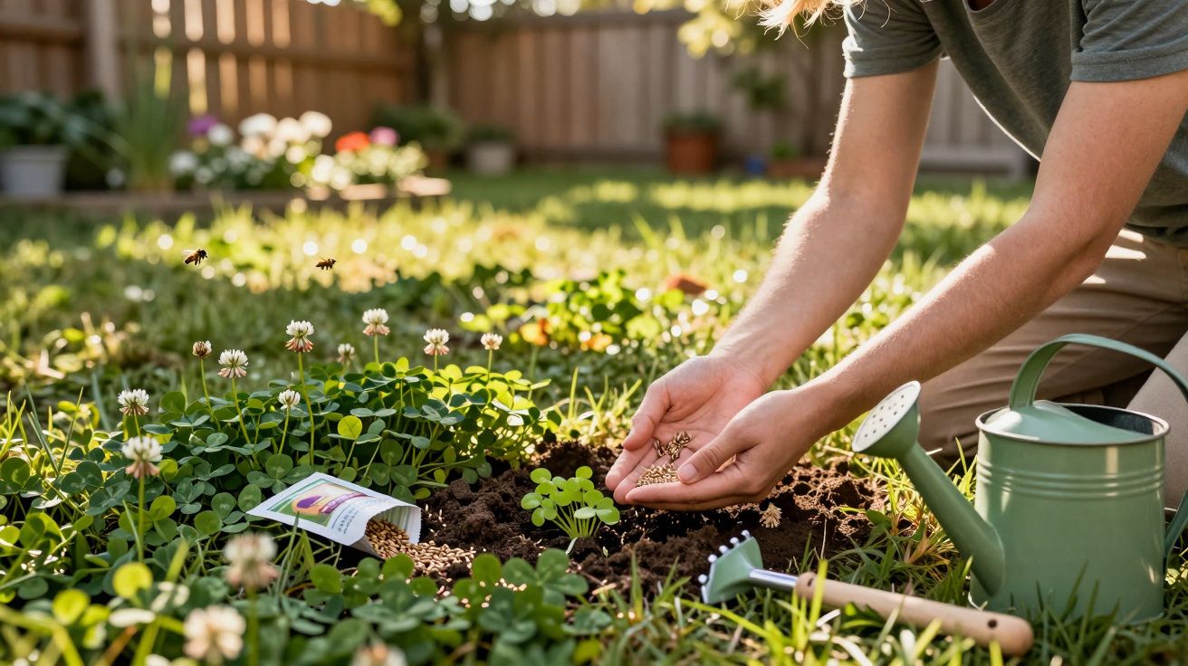 Pessoa a semear sementes em canteiro de jardim com regador e enxada ao lado num dia ensolarado.