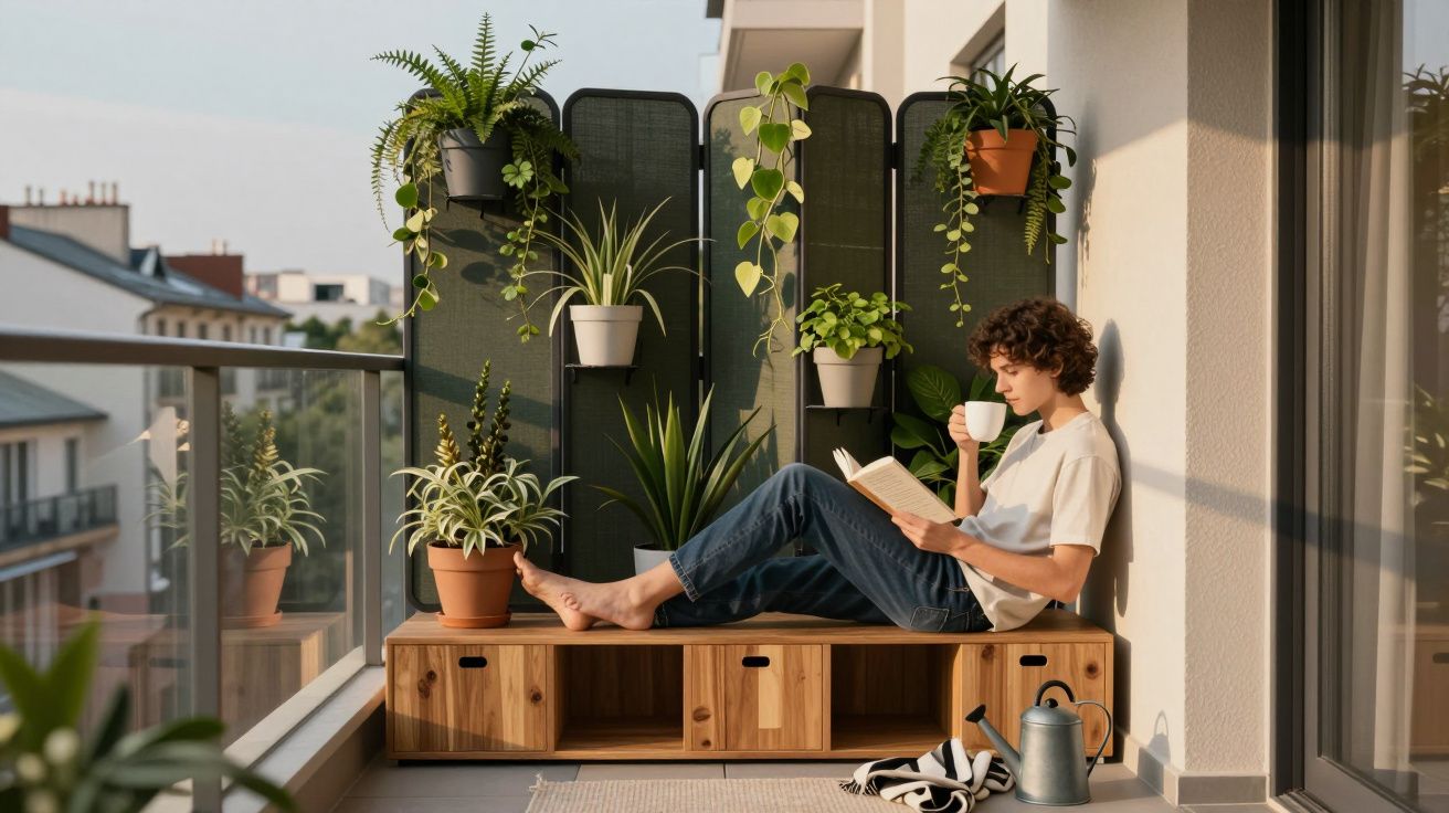 Jovem sentado numa varanda moderna, a ler um livro e beber chá, rodeado por plantas verdes em vasos.