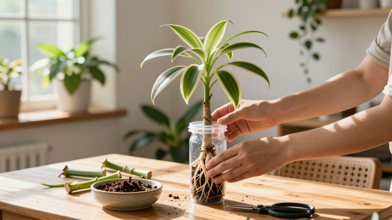 Mãos transplantam planta com raízes visíveis num frasco, sobre mesa de madeira com terra, tesoura e luz natural.