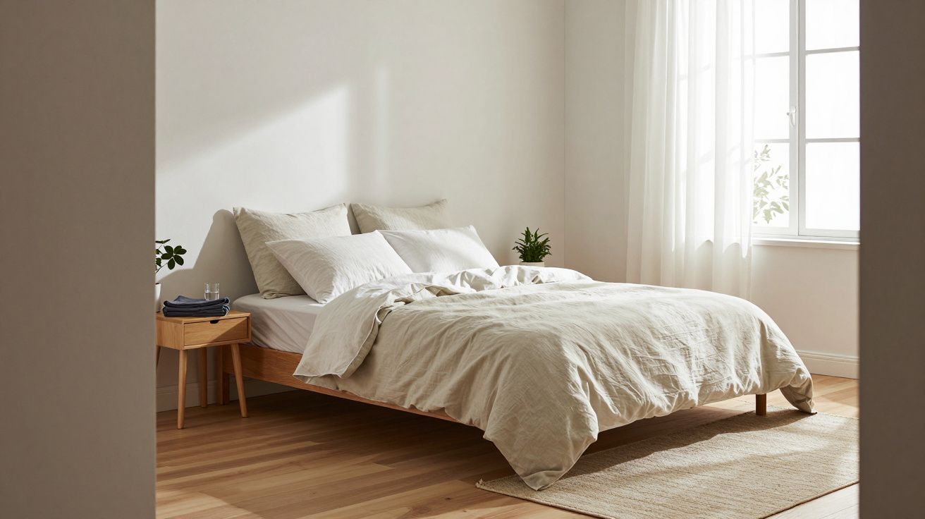 Quarto minimalista com cama de madeira, roupa de cama branca, janela amplia e mesa de cabeceira com planta.