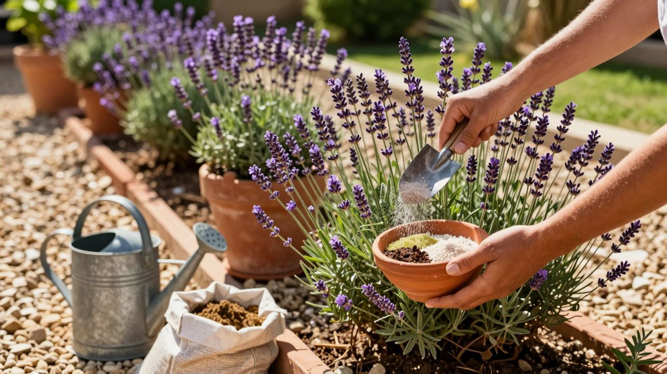 Pessoa a preparar fertilizante natural junto a vasos de lavanda num jardim com pedras.