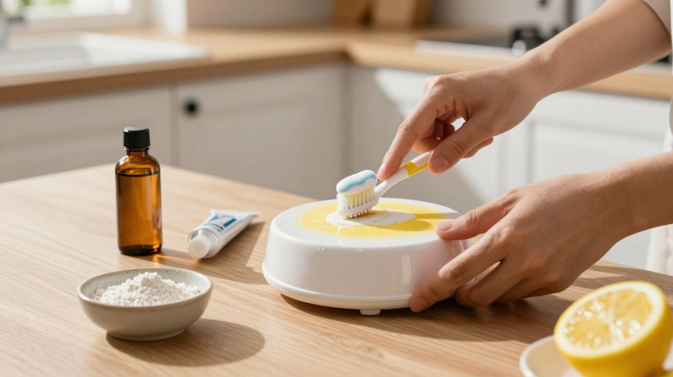 Pessoa a usar escova de dentes para limpar uma superfície com pasta e limão numa cozinha.