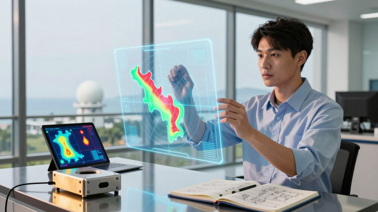 Homem a interagir com holograma de mapa em ambiente tecnológico moderno com caderno aberto na mesa.