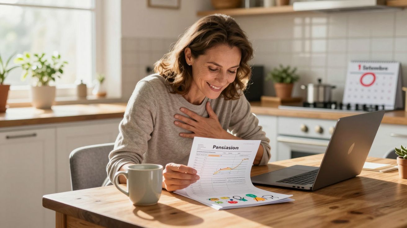Mulher sorridente a analisar documento de pensões numa cozinha com computador portátil e caneca na mesa.