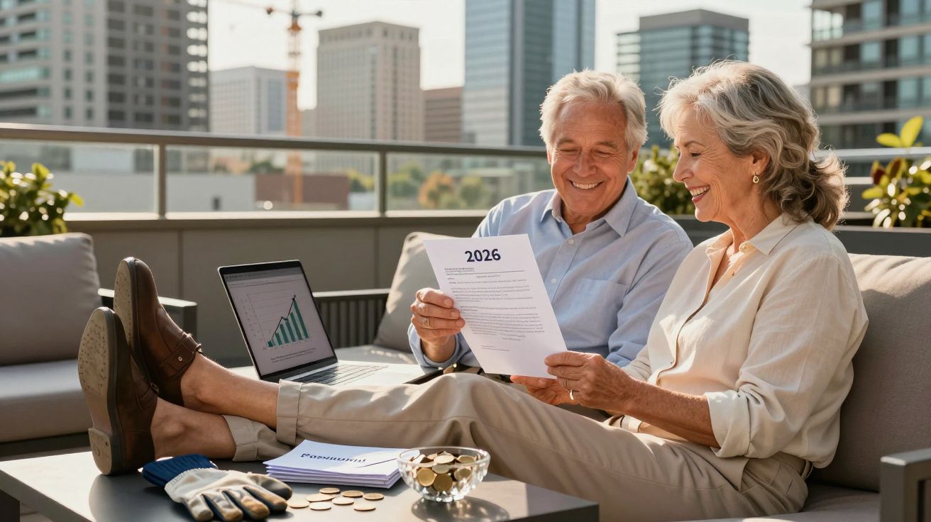 Casal sénior sentado no terraço, a analisar documentos e gráficos financeiros com ar feliz e relaxado.