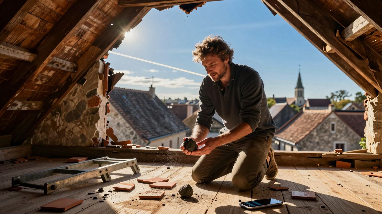 Homem de joelhos numa sótão em remodelação, segurando pedaço de tijolo, com casas ao fundo.