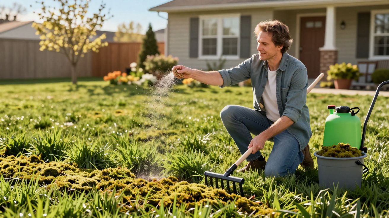 Homem fertiliza flores amarelas num jardim em casa com ancinho e spray verde ao lado.