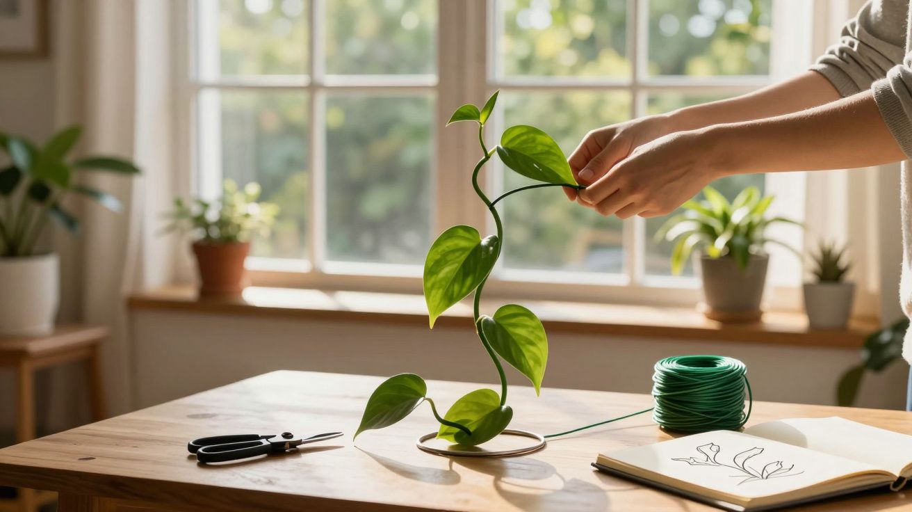 Pessoa a cuidar de planta com folhas verdes em vaso no interior junto a janela iluminada.