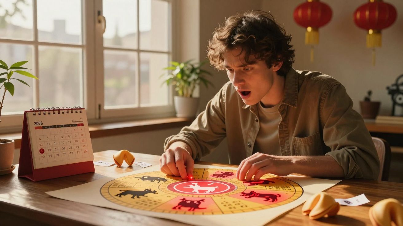 Jovem surpreendido a jogar jogo de tabuleiro com tema do zodíaco chinês numa sala iluminada.
