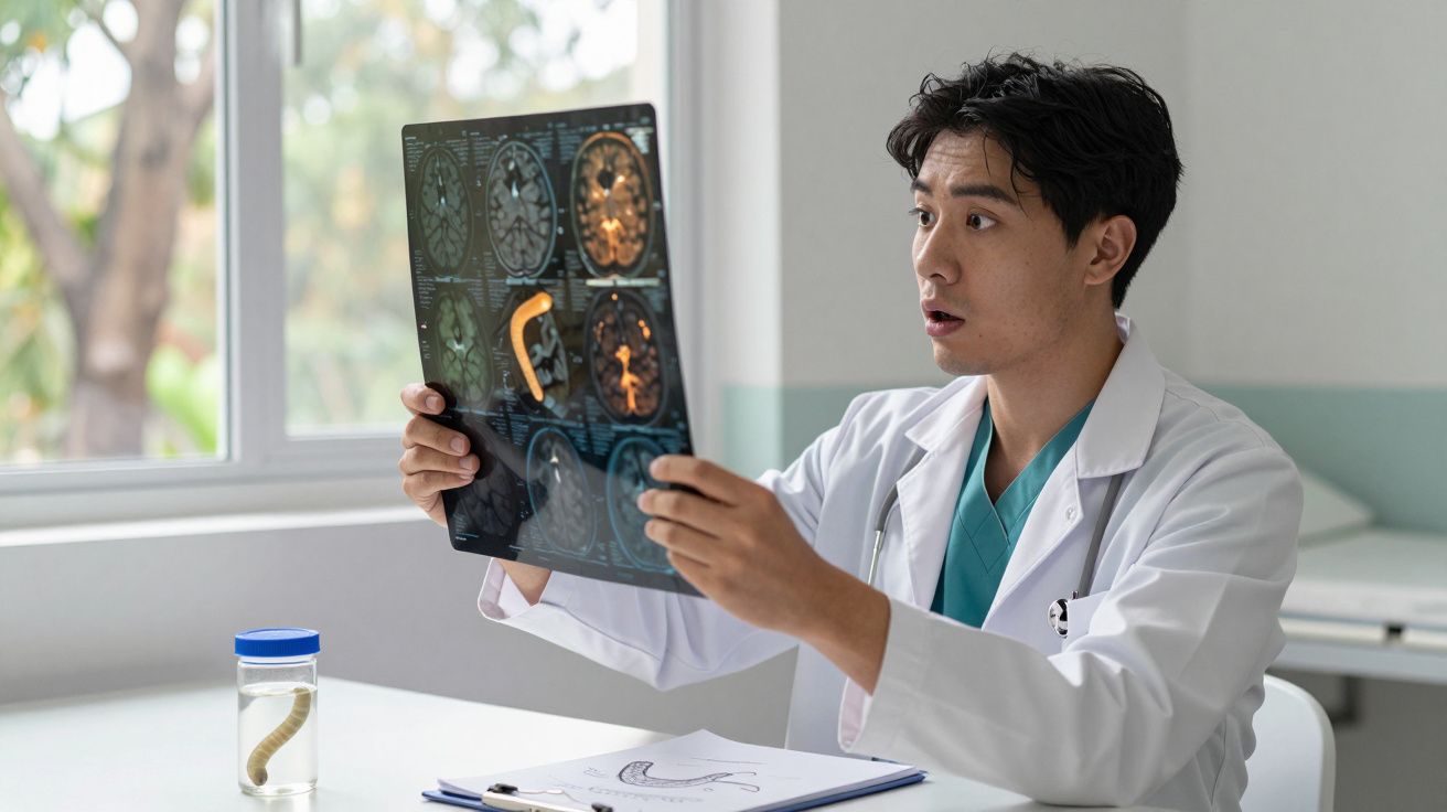 Médico análise imagens de ressonância magnética do cérebro numa consulta num consultório clínico.