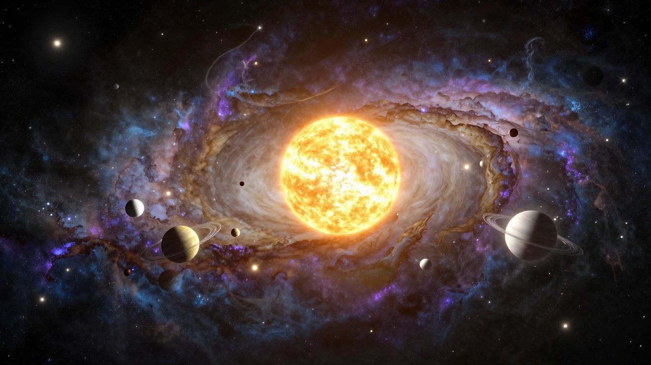 Sistema solar com planeta com anéis, vários planetas, estrelas e galáxia brilhante no espaço escuro.