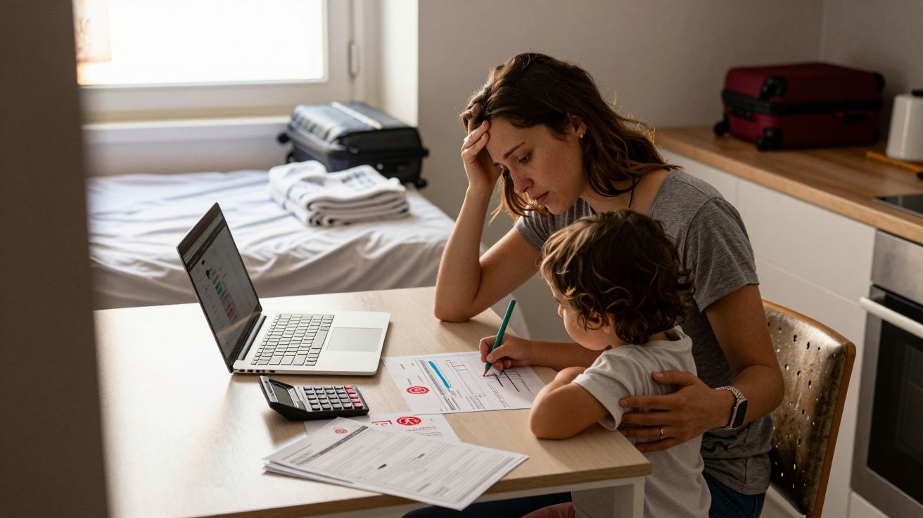 Mulher ajuda criança com contas enquanto trabalha num computador portátil numa cozinha doméstica.