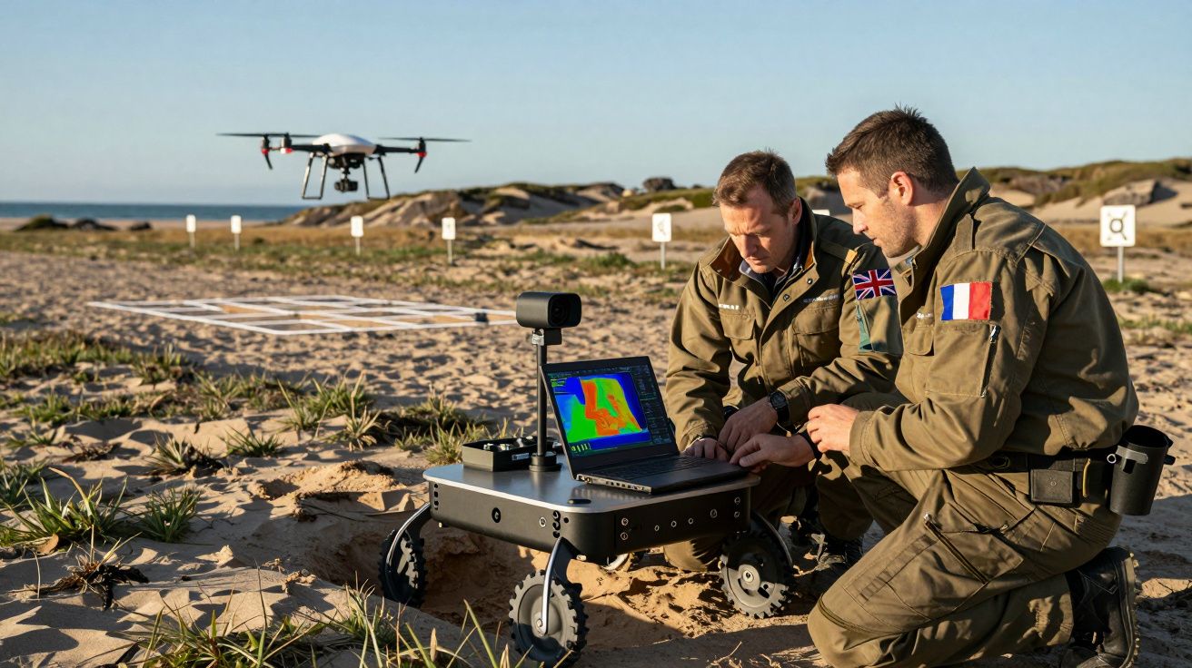 Dois militares em uniforme operam um robô com ecrã térmico e um drone voa numa área arenosa ao ar livre.