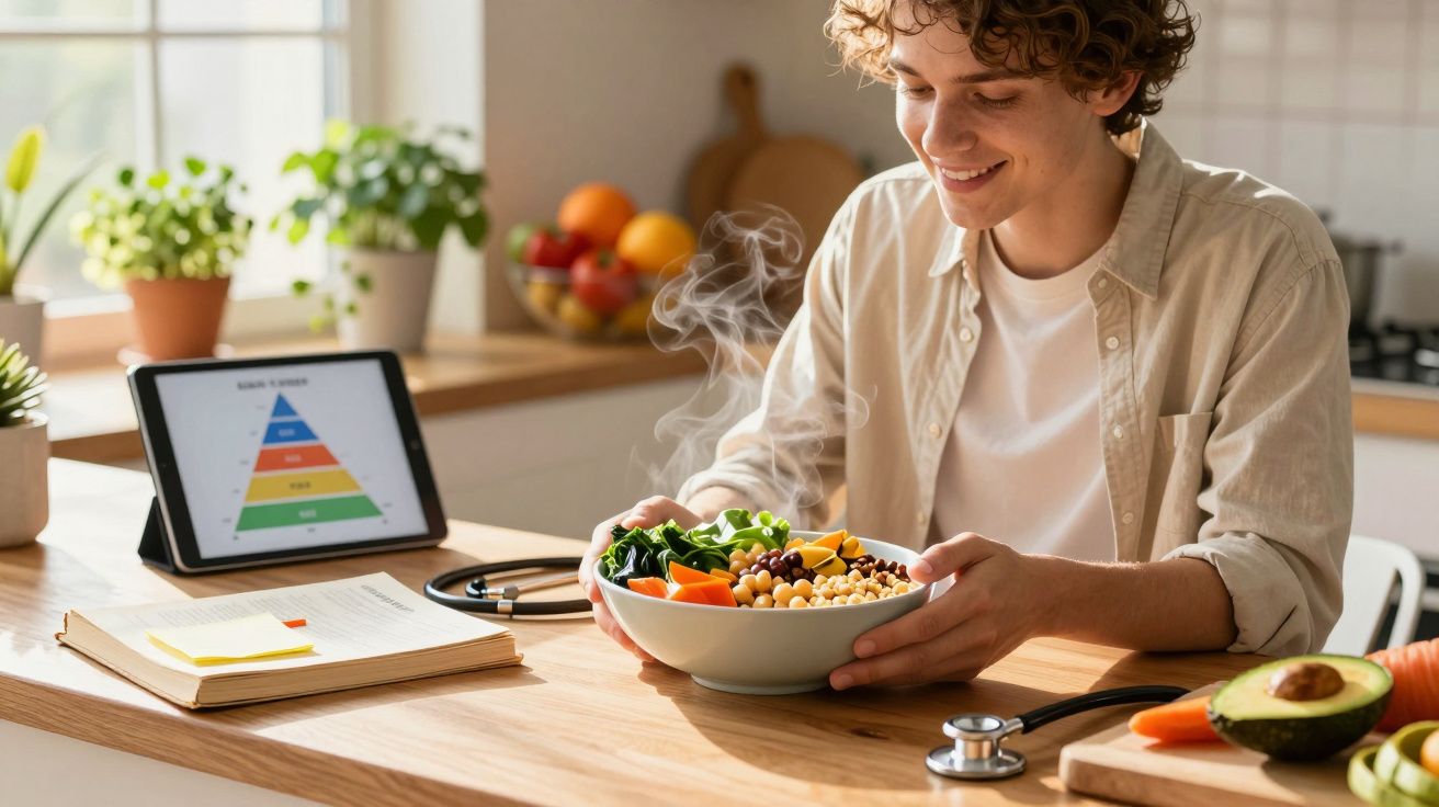 Pessoa sorridente segurando uma tigela de salada saudável fumegante numa cozinha iluminada.