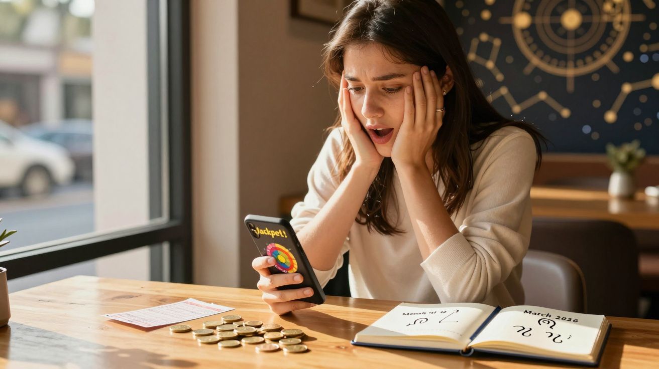 Mulher sentada à mesa com moedas, olhar chocado ao ver resultado no telemóvel numa app de jackpot.