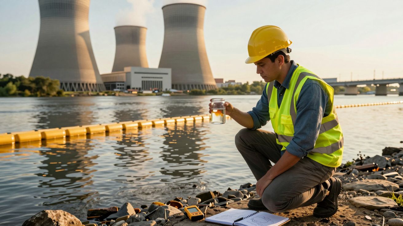Engenheiro de proteção ambiental recolhe amostra de água perto de central elétrica com torres de arrefecimento.