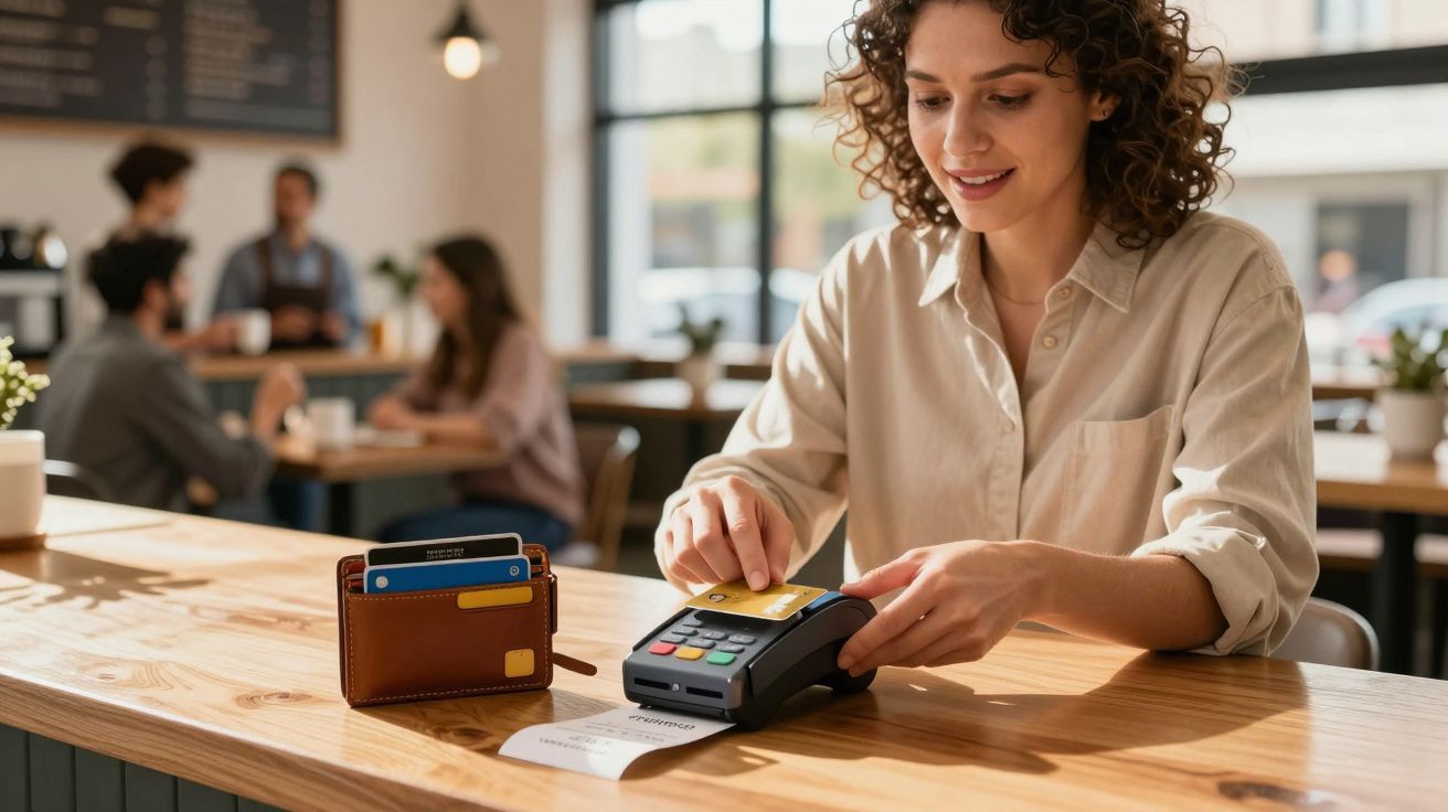 Mulher a pagar contactless com cartão numa máquina de pagamentos numa cafeteria moderna.