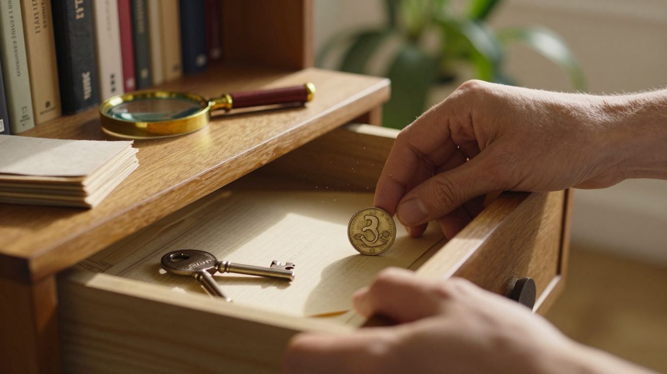 Mãos a guardar moeda no interior de uma gaveta de madeira com chaves, livros e lupa em cima.