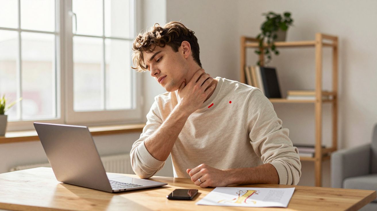 Jovem sentado a trabalhar num computador portátil, com expressão de dor no pescoço, numa sala iluminada.